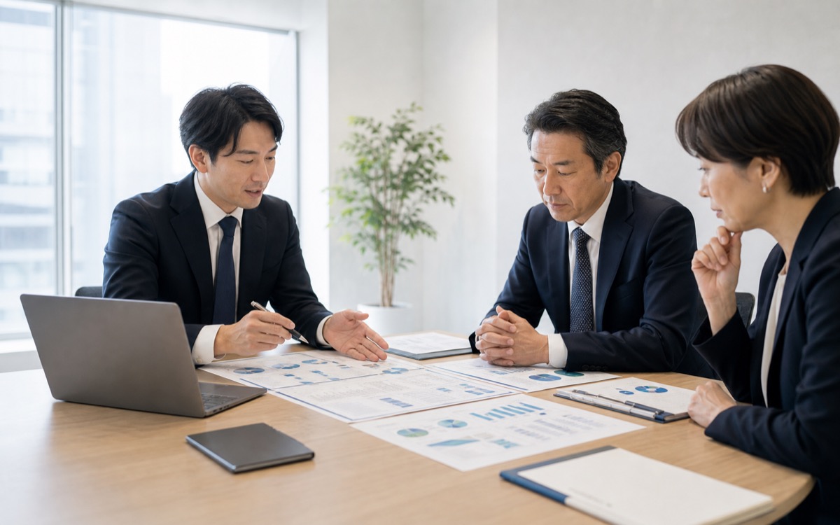 建設会社の経営会議でKPIを確認する様子