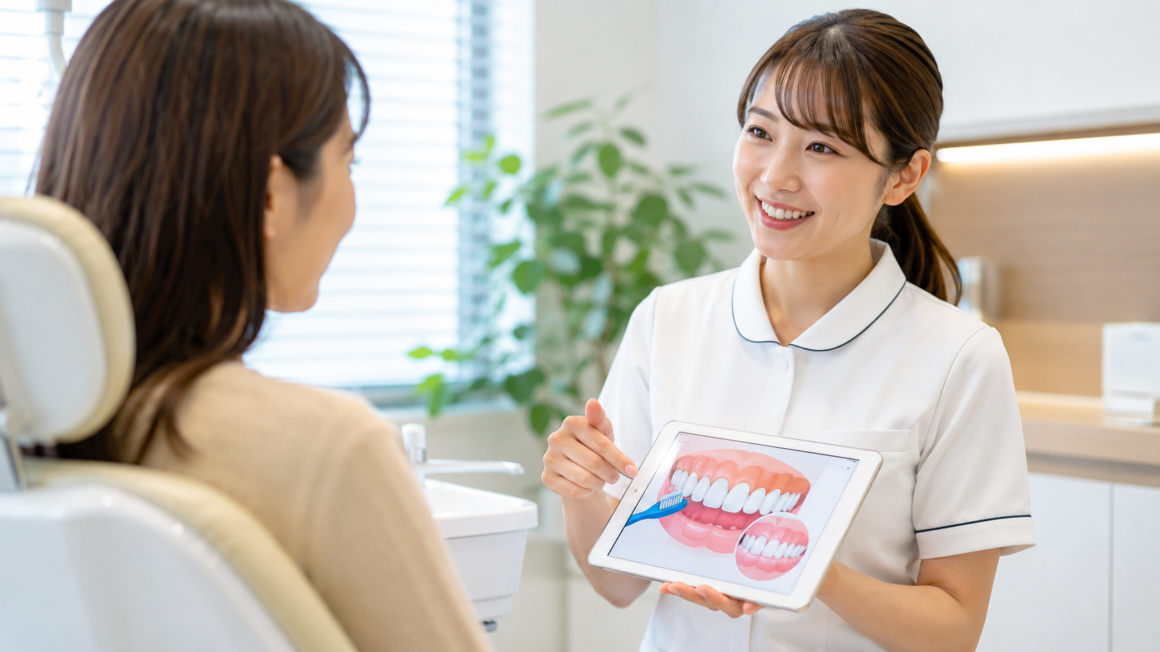 歯科メンテナンスをタブレットで説明するイメージ