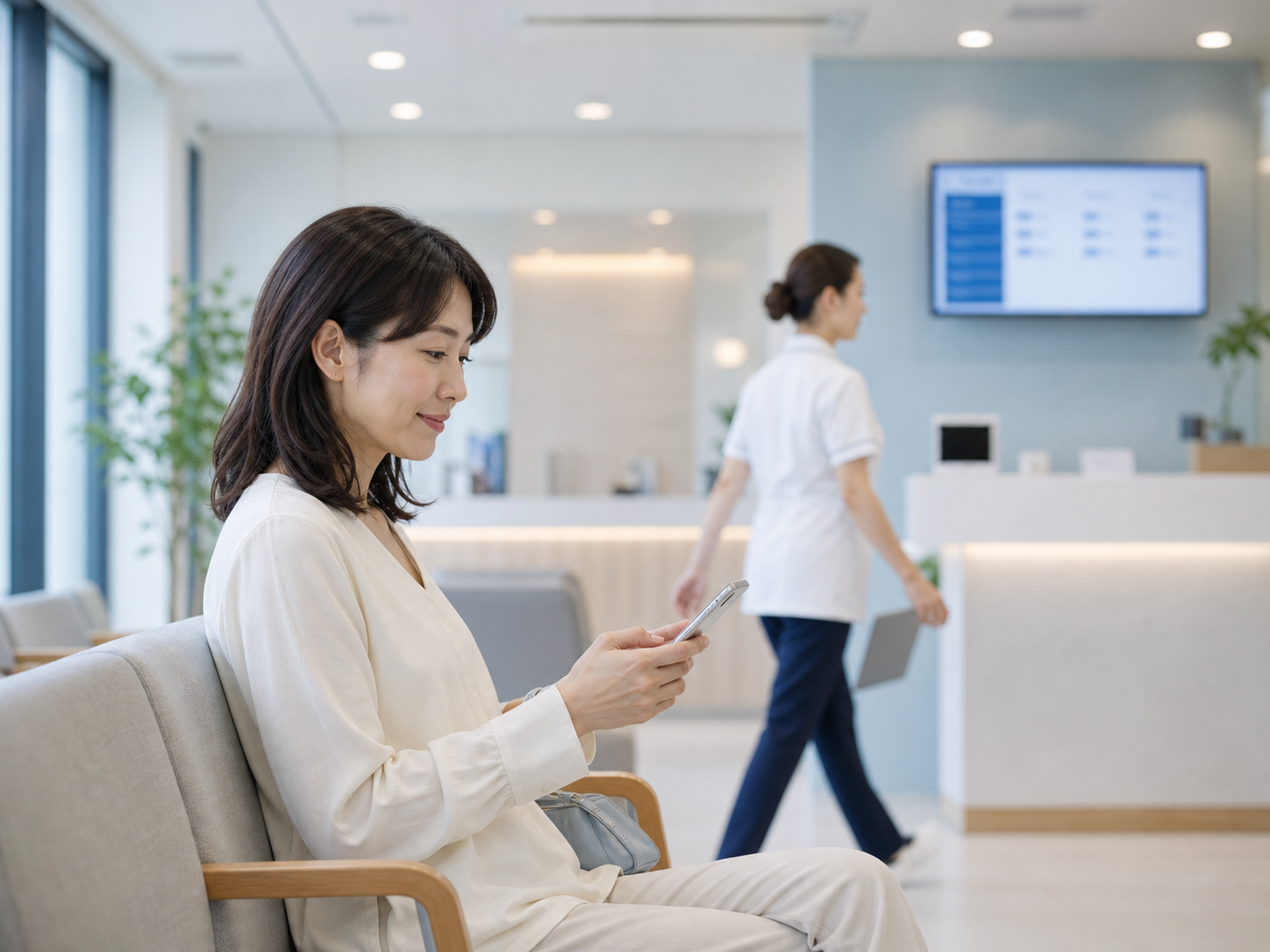 歯科医院の待合でスマートフォン通知を確認する患者